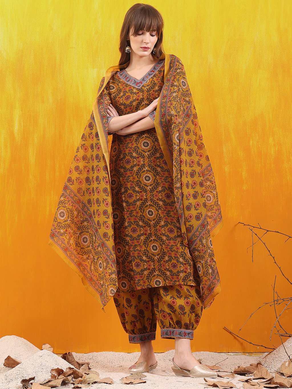 Printed Kurta With Afghani Pant & Dupatta, Mustard - Hiral Fashion - Distacart