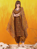 Printed Kurta With Afghani Pant & Dupatta, Mustard - Hiral Fashion - Distacart
