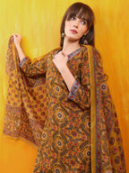 Printed Kurta With Afghani Pant & Dupatta, Mustard - Hiral Fashion - Distacart