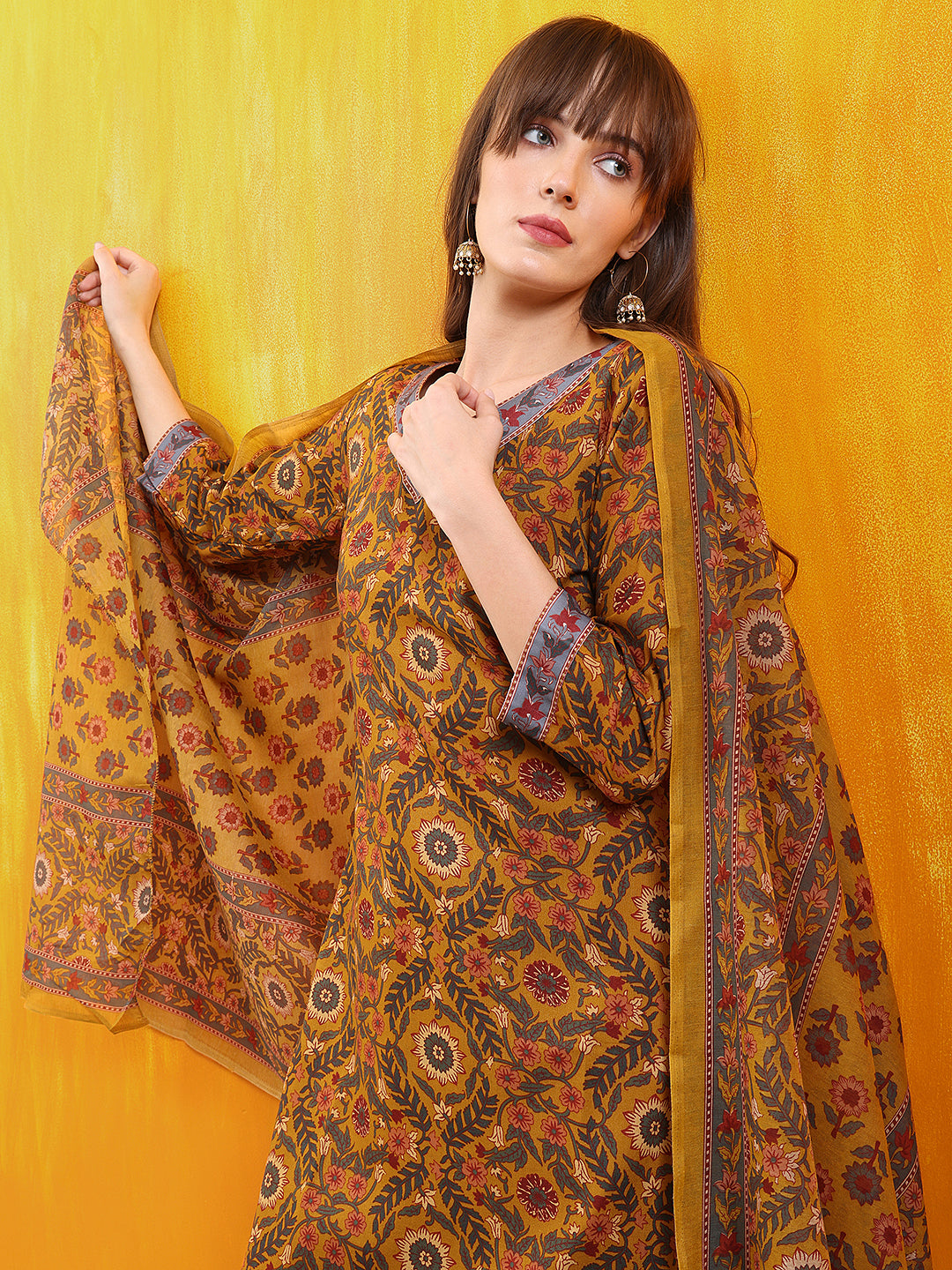 Printed Kurta With Afghani Pant & Dupatta, Mustard - Hiral Fashion - Distacart