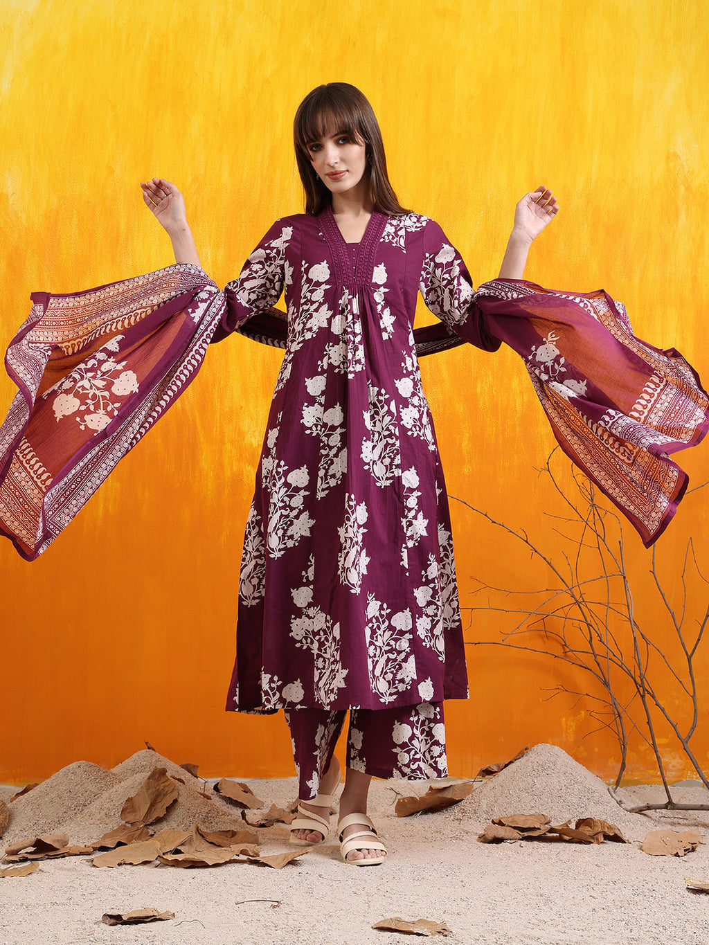 Embroidered & Printed Flared Kurta With Pant & Dupatta, Purple - Hiral Fashion - Distacart