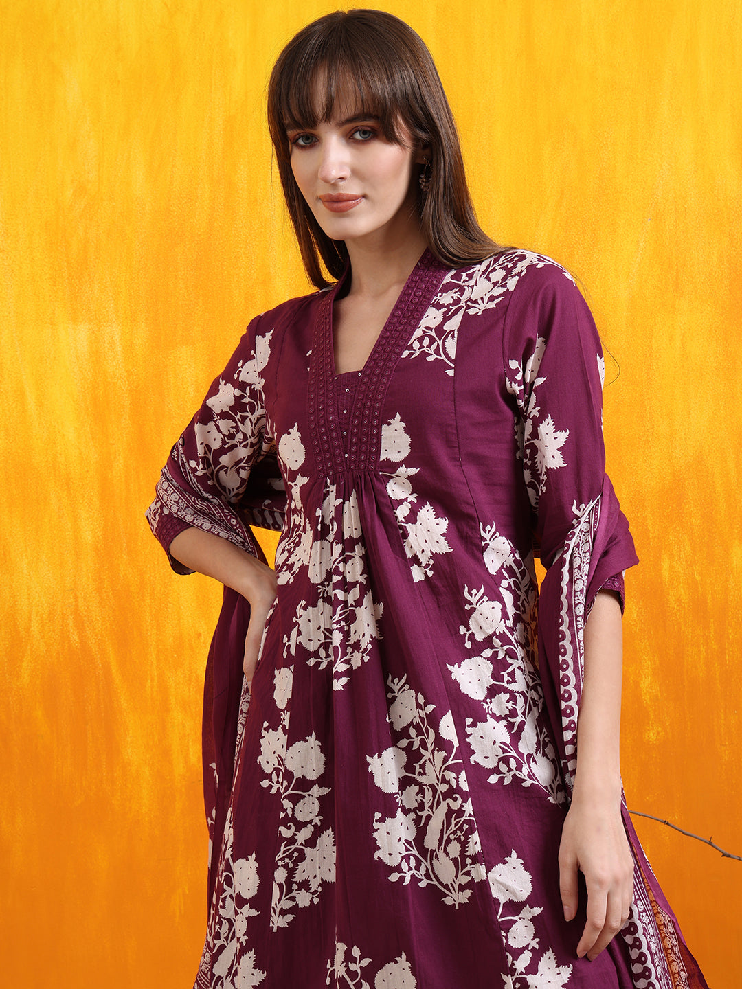Embroidered & Printed Flared Kurta With Pant & Dupatta, Purple - Hiral Fashion - Distacart