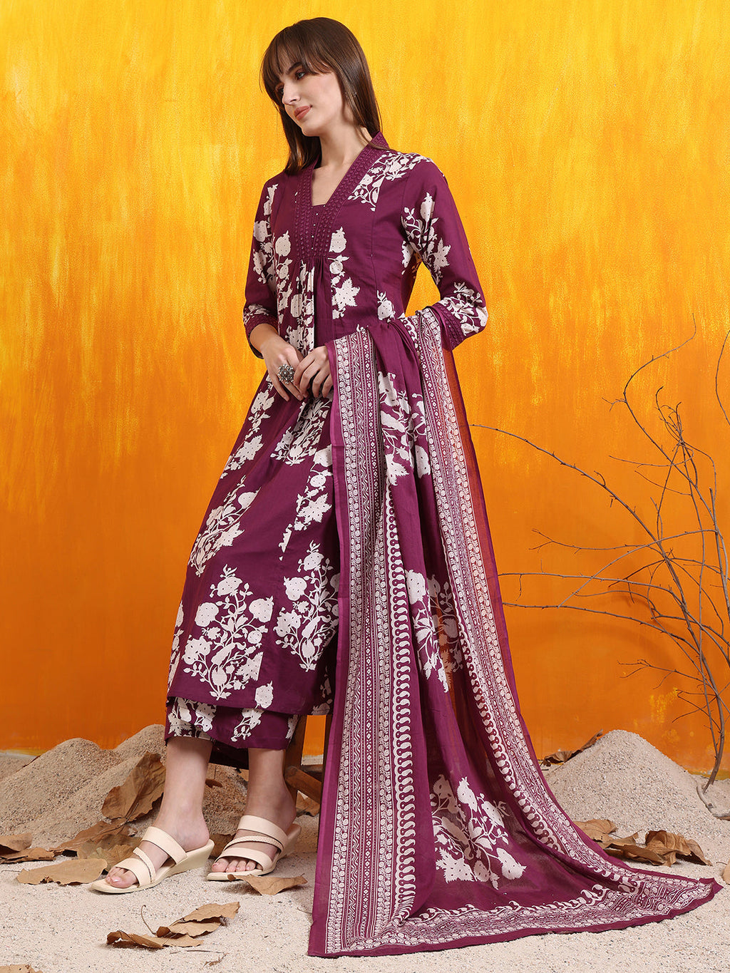 Embroidered & Printed Flared Kurta With Pant & Dupatta, Purple - Hiral Fashion - Distacart