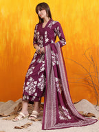 Embroidered & Printed Flared Kurta With Pant & Dupatta, Purple - Hiral Fashion - Distacart
