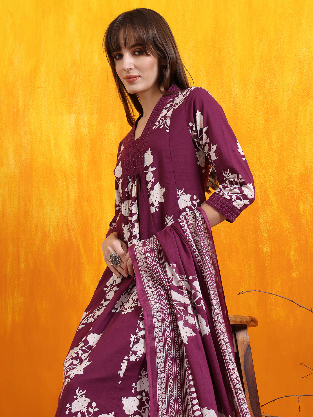 Embroidered & Printed Flared Kurta With Pant & Dupatta, Purple - Hiral Fashion - Distacart