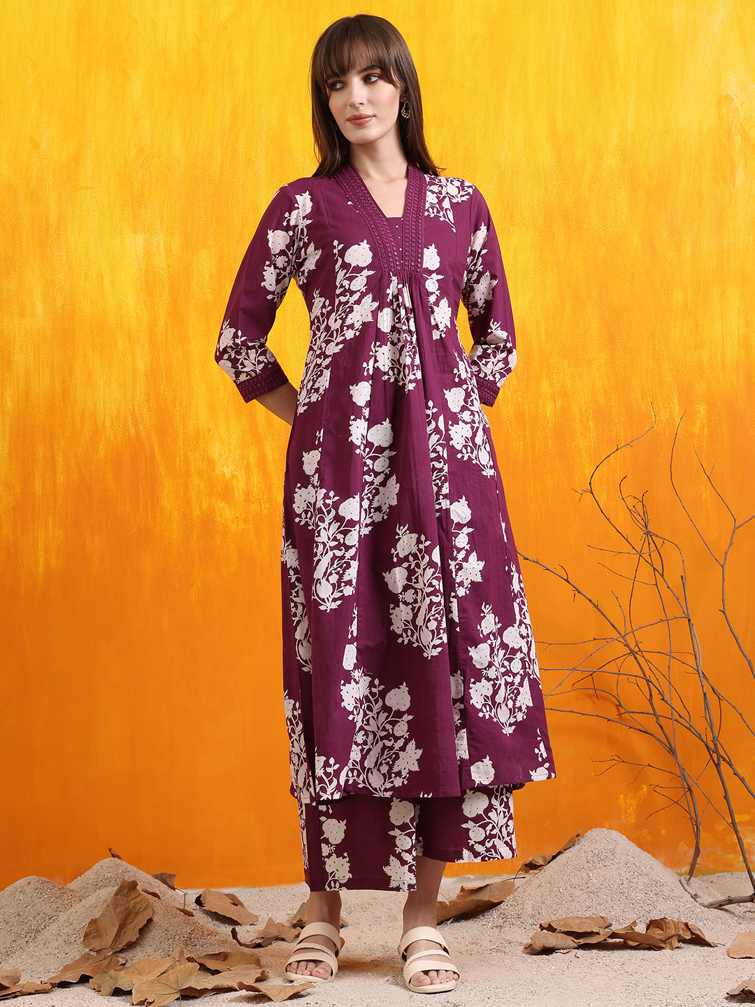 Embroidered & Printed Flared Kurta With Pant & Dupatta, Purple - Hiral Fashion - Distacart