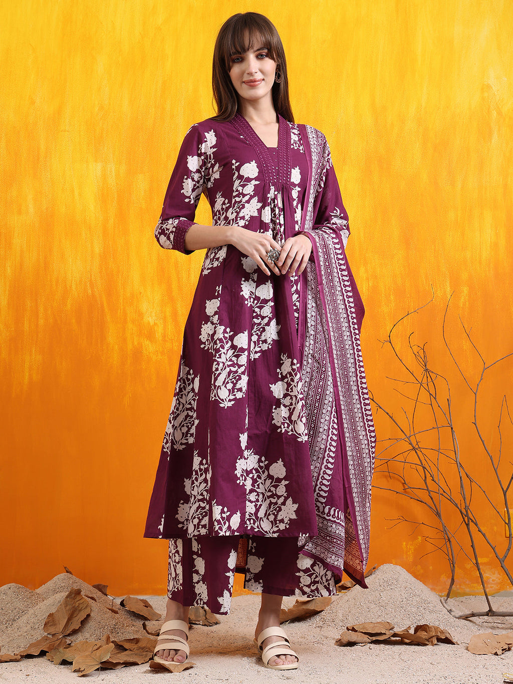 Embroidered & Printed Flared Kurta With Pant & Dupatta, Purple - Hiral Fashion - Distacart