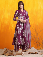 Embroidered & Printed Flared Kurta With Pant & Dupatta, Purple - Hiral Fashion - Distacart