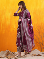 Embroidered & Printed Flared Kurta With Pant & Dupatta, Purple - Hiral Fashion - Distacart