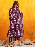 Embroidered & Printed Flared Kurta With Pant & Dupatta, Purple - Hiral Fashion - Distacart