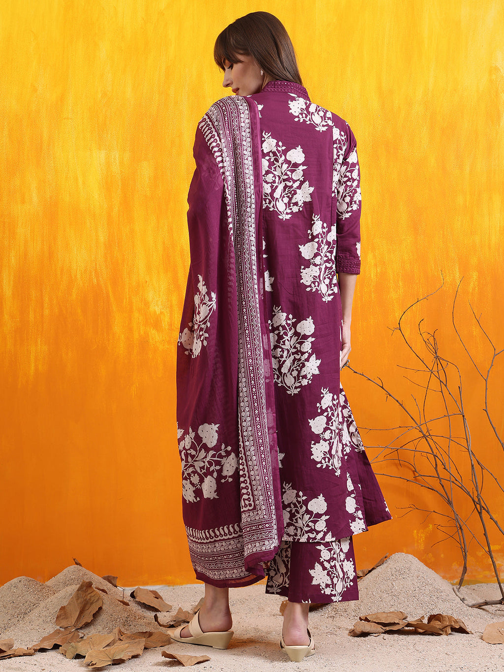 Embroidered & Printed Flared Kurta With Pant & Dupatta, Purple - Hiral Fashion - Distacart