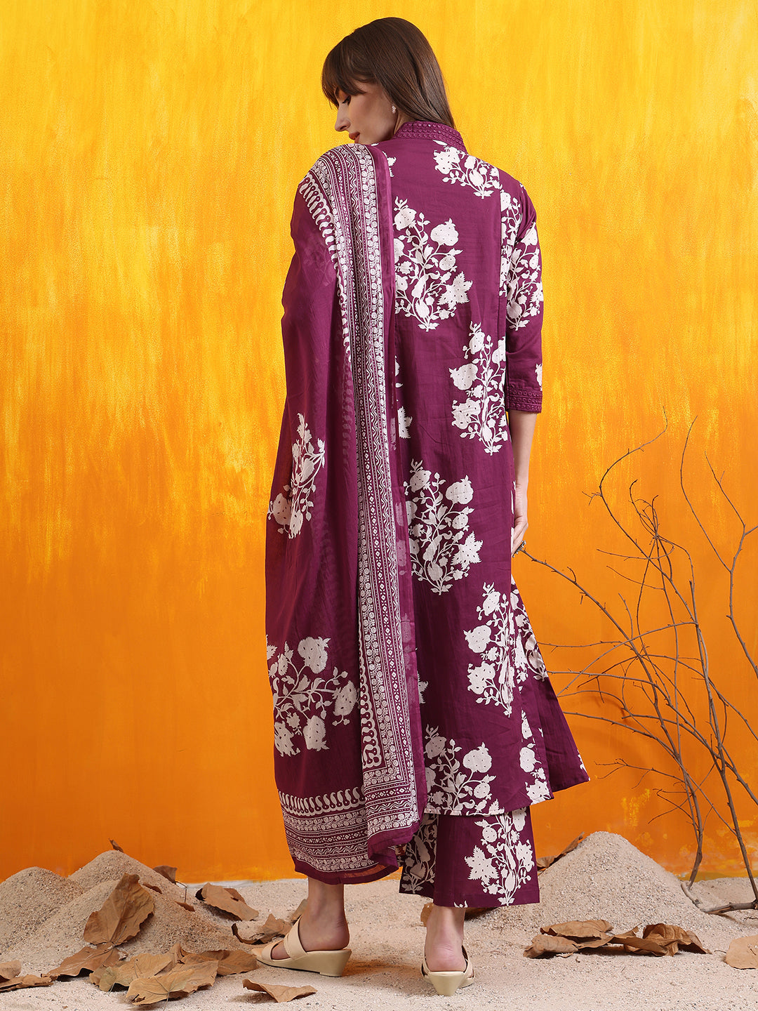 Embroidered & Printed Flared Kurta With Pant & Dupatta, Purple - Hiral Fashion - Distacart