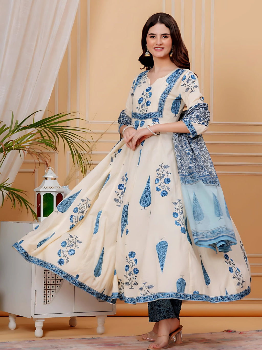 Ethnic Motifs Printed Anarkali Kurta With Pant & Dupatta, Aqua-Blue - Hiral Fashion - Distacart