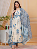 Ethnic Motifs Printed Anarkali Kurta With Pant & Dupatta, Aqua-Blue - Hiral Fashion - Distacart