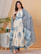 Ethnic Motifs Printed Anarkali Kurta With Pant & Dupatta, Aqua-Blue - Hiral Fashion - Distacart