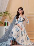 Ethnic Motifs Printed Anarkali Kurta With Pant & Dupatta, Aqua-Blue - Hiral Fashion - Distacart
