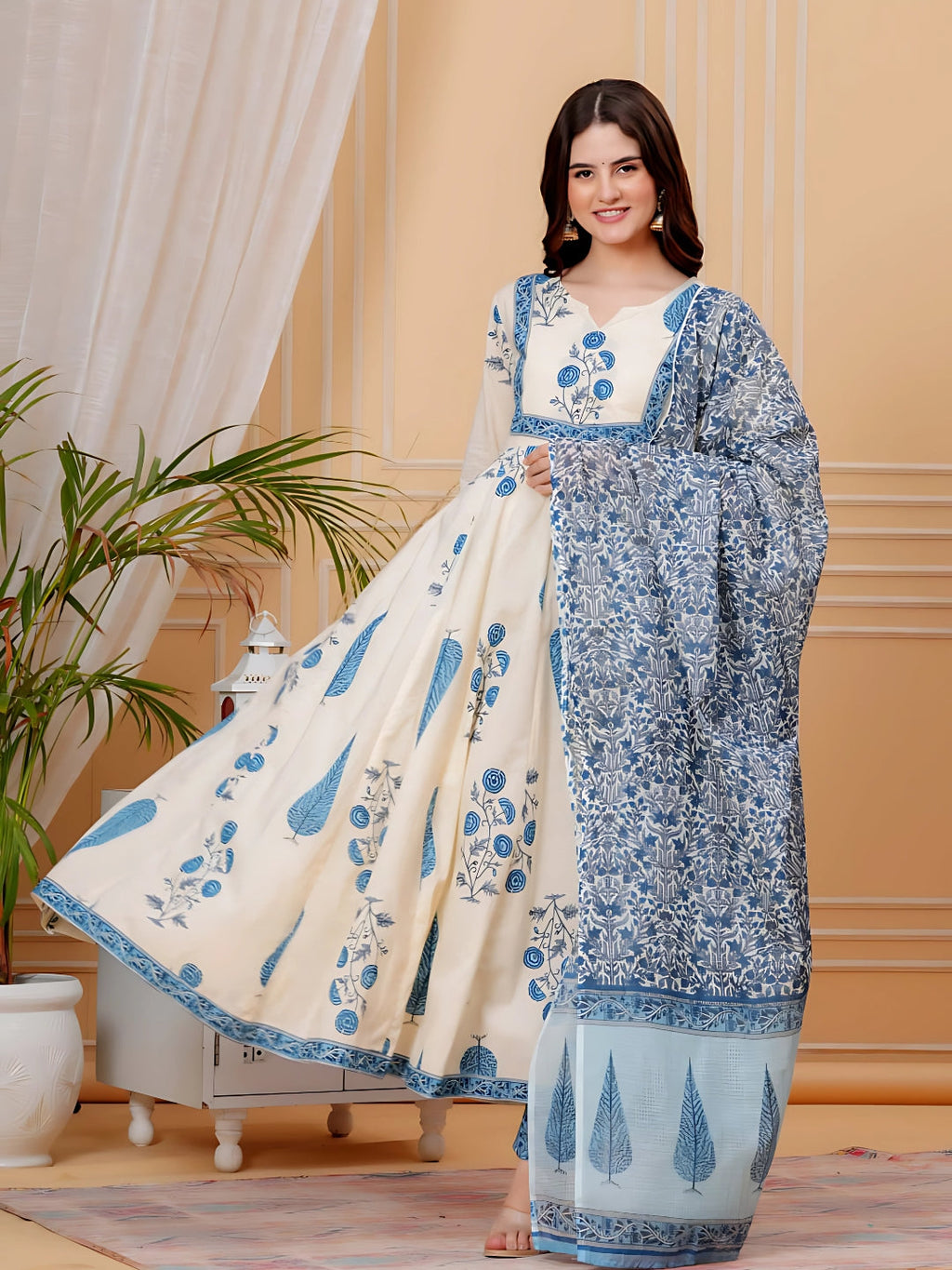 Ethnic Motifs Printed Anarkali Kurta With Pant & Dupatta, Aqua-Blue - Hiral Fashion - Distacart