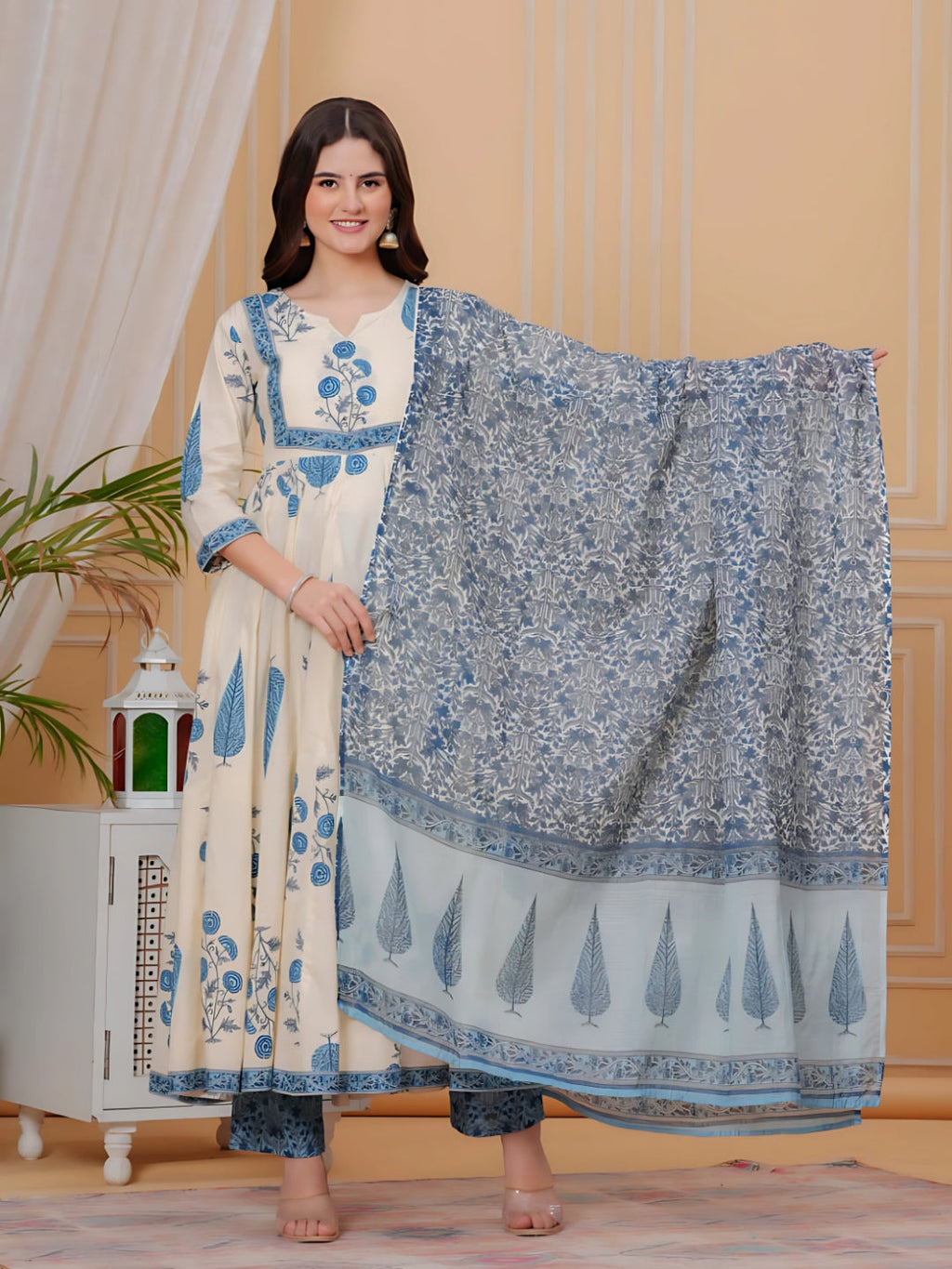Ethnic Motifs Printed Anarkali Kurta With Pant & Dupatta, Aqua-Blue - Hiral Fashion - Distacart