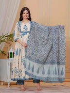Ethnic Motifs Printed Anarkali Kurta With Pant & Dupatta, Aqua-Blue - Hiral Fashion - Distacart