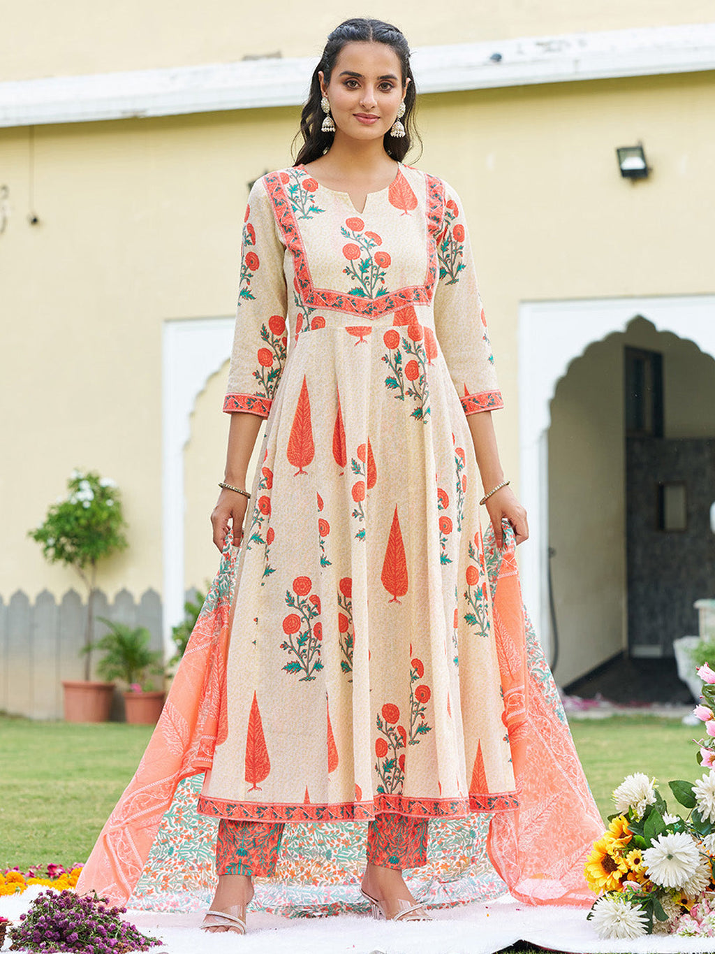 Ethnic Motifs Printed Anarkali Kurta With Pant & Dupatta, Orange - Hiral Fashion - Distacart
