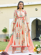 Ethnic Motifs Printed Anarkali Kurta With Pant & Dupatta, Orange - Hiral Fashion - Distacart