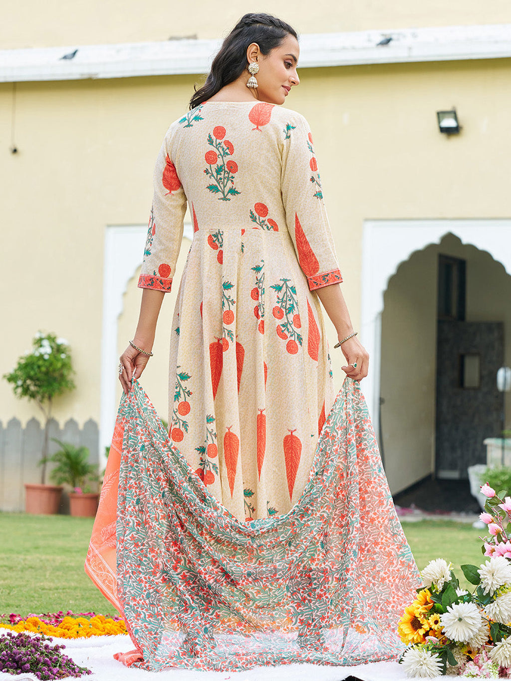 Ethnic Motifs Printed Anarkali Kurta With Pant & Dupatta, Orange - Hiral Fashion - Distacart