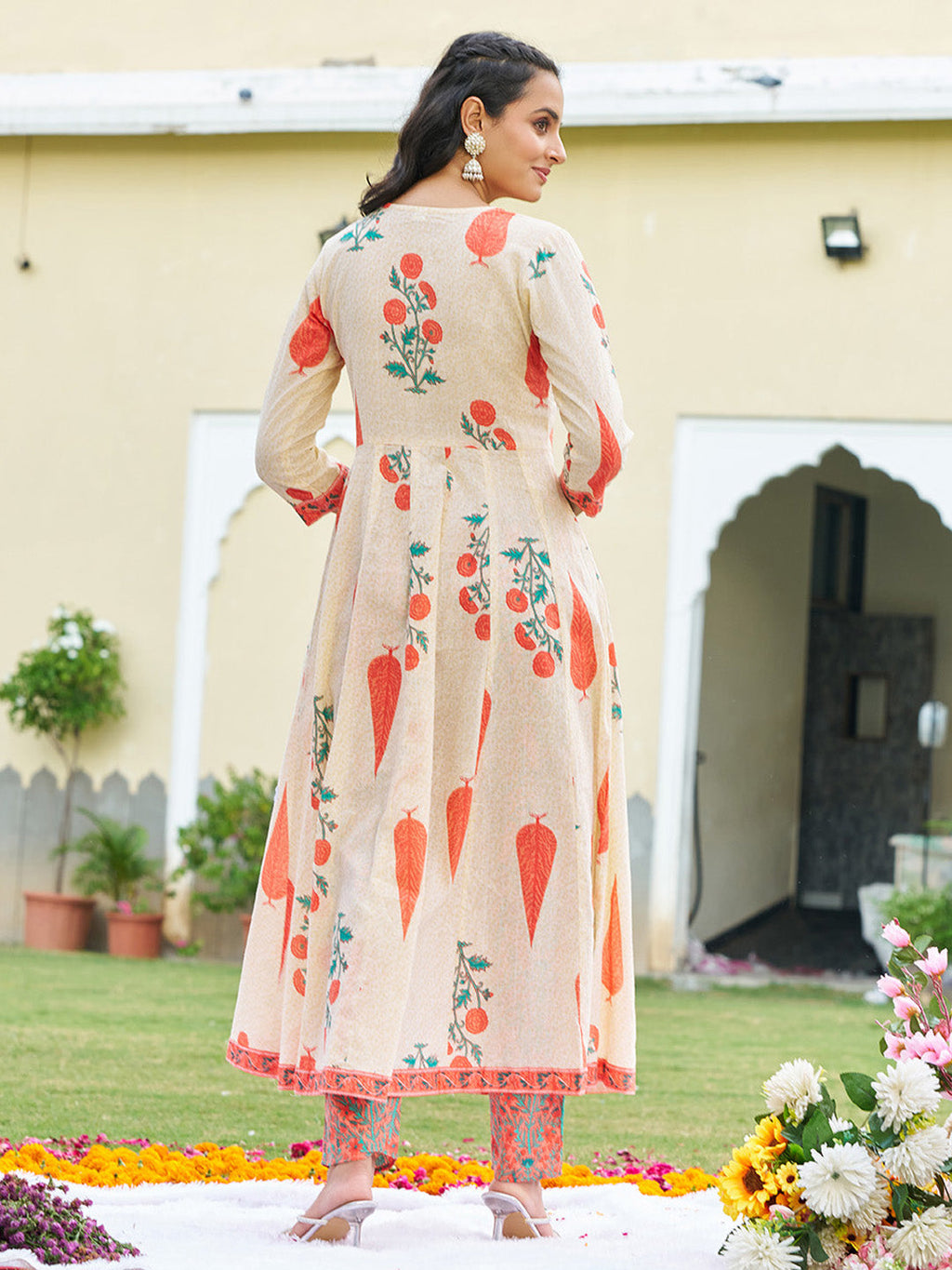 Ethnic Motifs Printed Anarkali Kurta With Pant & Dupatta, Orange - Hiral Fashion - Distacart
