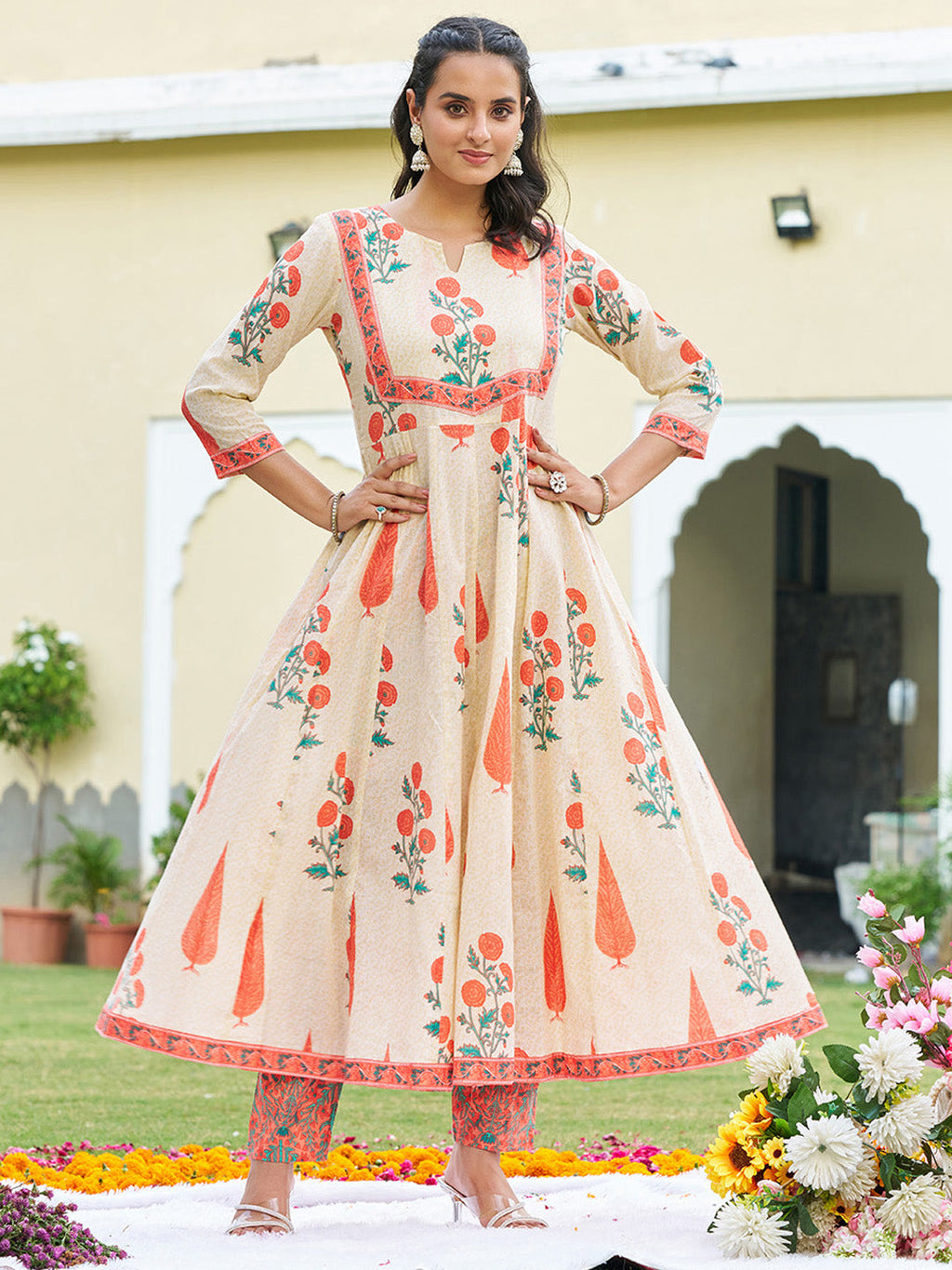 Ethnic Motifs Printed Anarkali Kurta With Pant & Dupatta, Orange - Hiral Fashion - Distacart