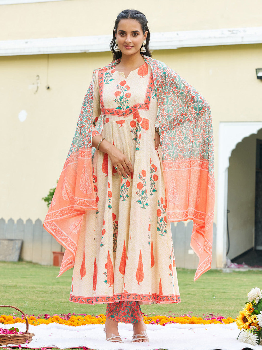 Ethnic Motifs Printed Anarkali Kurta With Pant & Dupatta, Orange - Hiral Fashion - Distacart