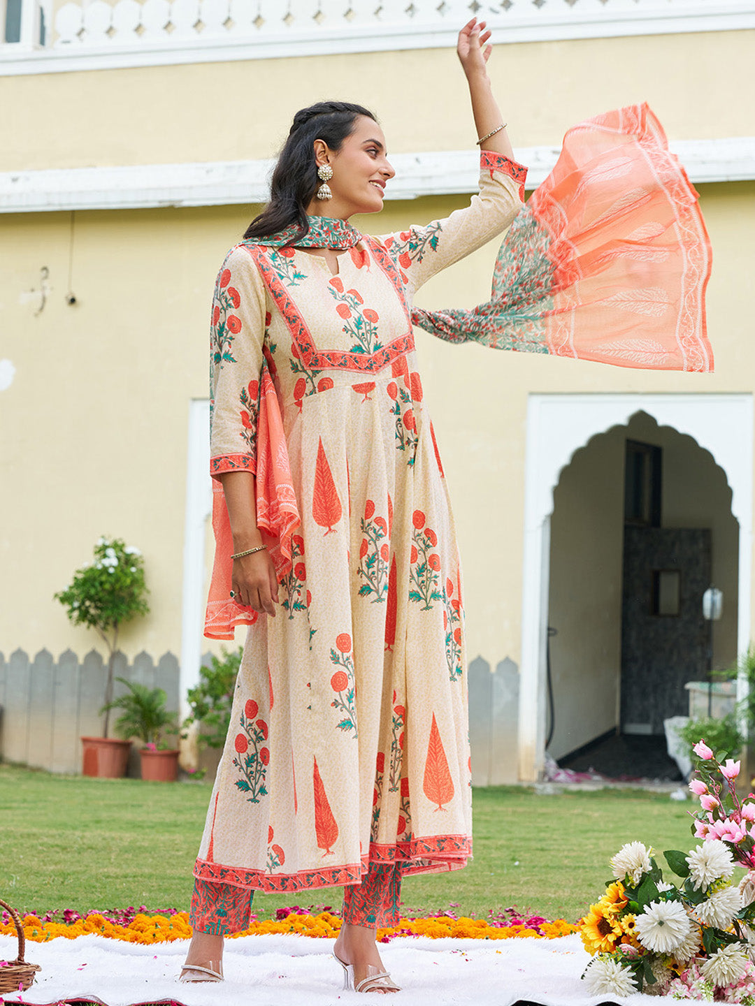 Ethnic Motifs Printed Anarkali Kurta With Pant & Dupatta, Orange - Hiral Fashion - Distacart