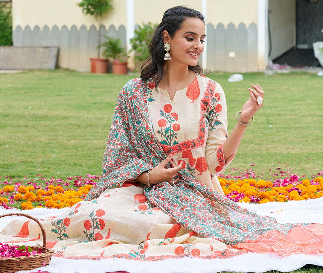 Ethnic Motifs Printed Anarkali Kurta With Pant & Dupatta, Orange - Hiral Fashion - Distacart