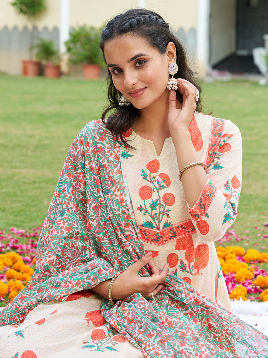 Ethnic Motifs Printed Anarkali Kurta With Pant & Dupatta, Orange - Hiral Fashion - Distacart