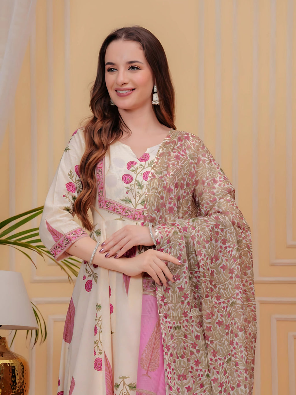 Ethnic Motifs Printed Anarkali Kurta With Pant & Dupatta, Pink - Hiral Fashion - Distacart