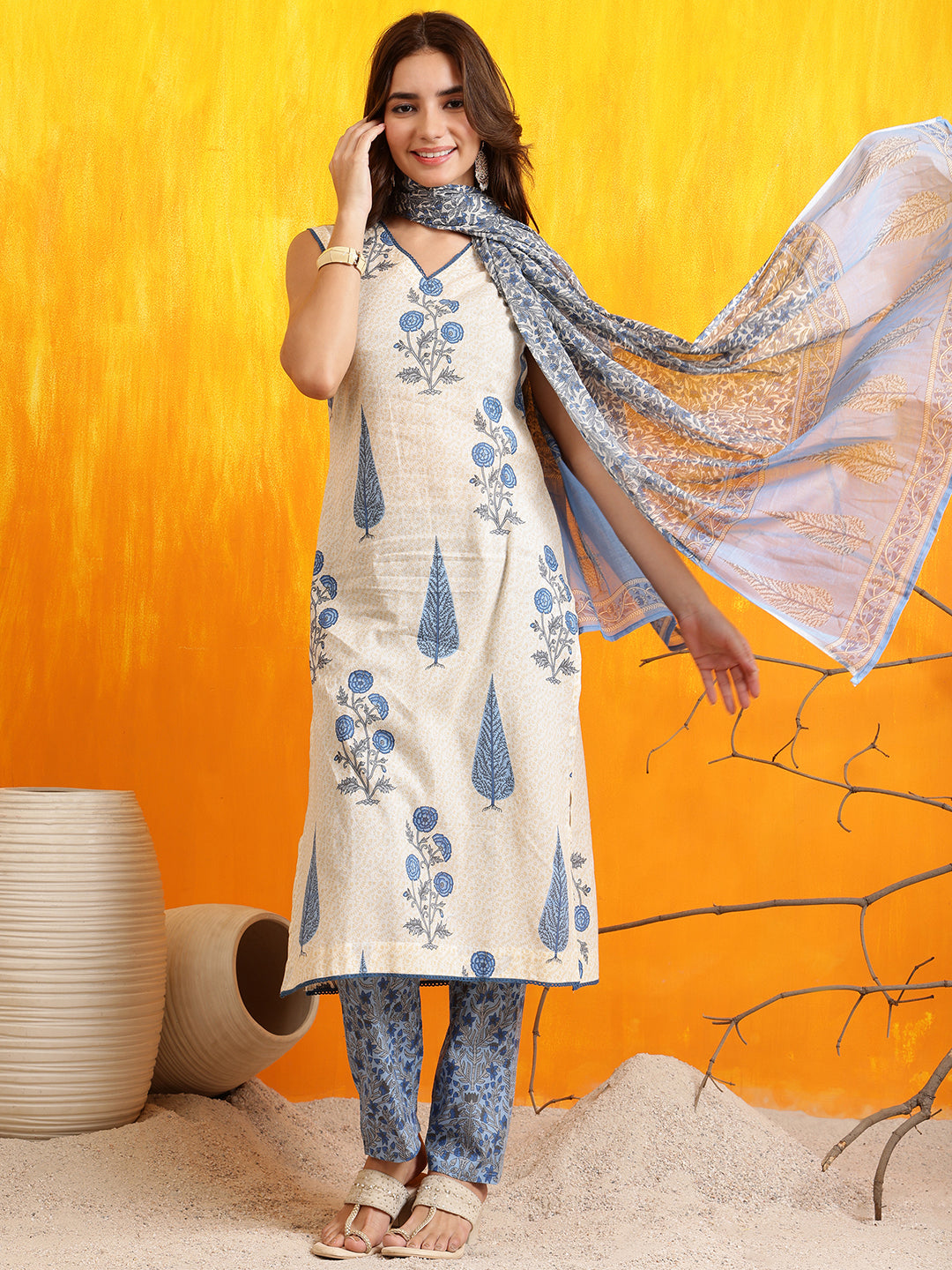 Ethnic Motifs Printed Kurta With Pant & Printed Dupatta, Aqua-Blue - Hiral Fashion - Distacart