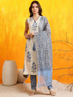 Ethnic Motifs Printed Kurta With Pant & Printed Dupatta, Aqua-Blue - Hiral Fashion - Distacart