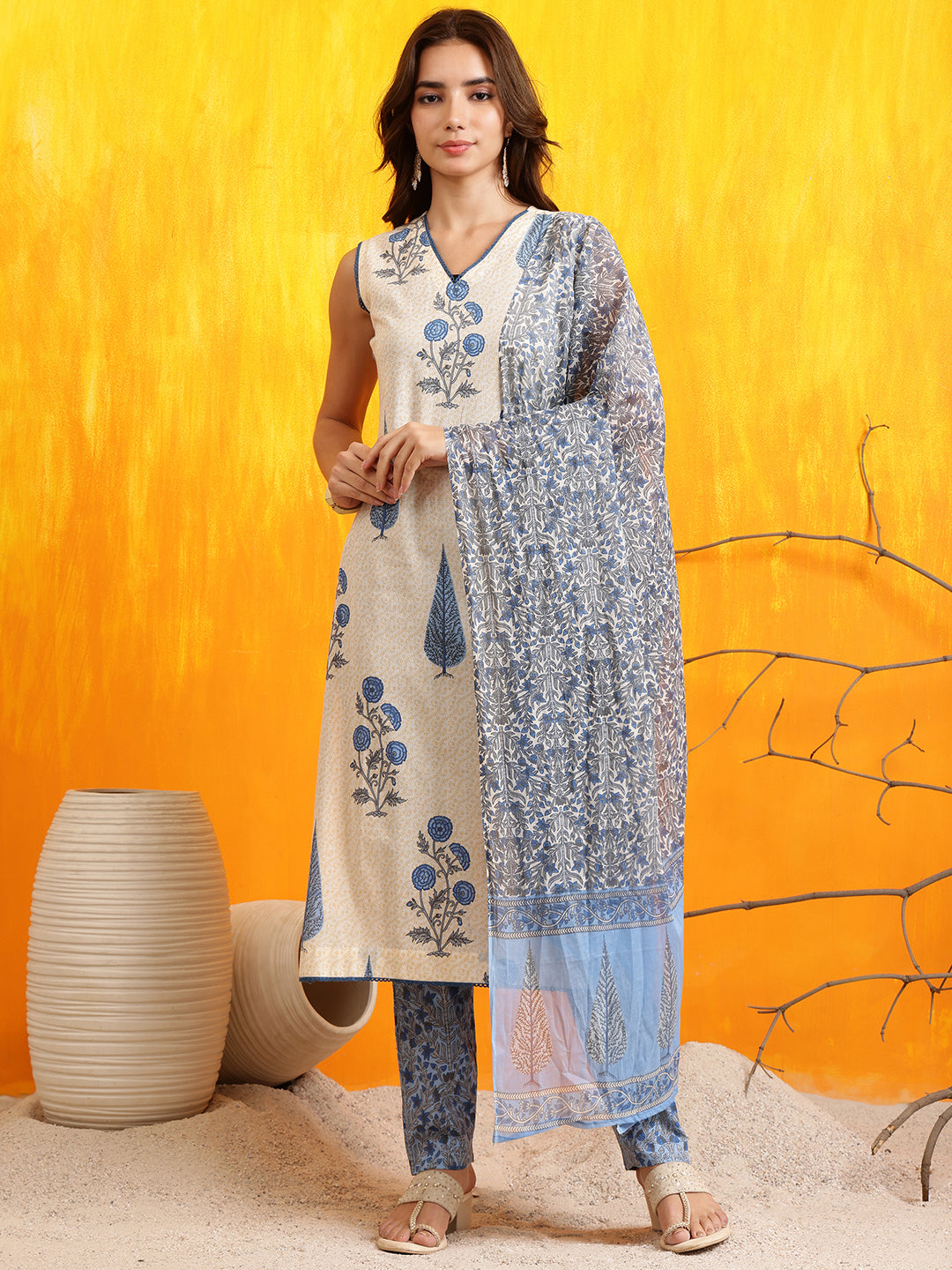Ethnic Motifs Printed Kurta With Pant & Printed Dupatta, Aqua-Blue - Hiral Fashion - Distacart