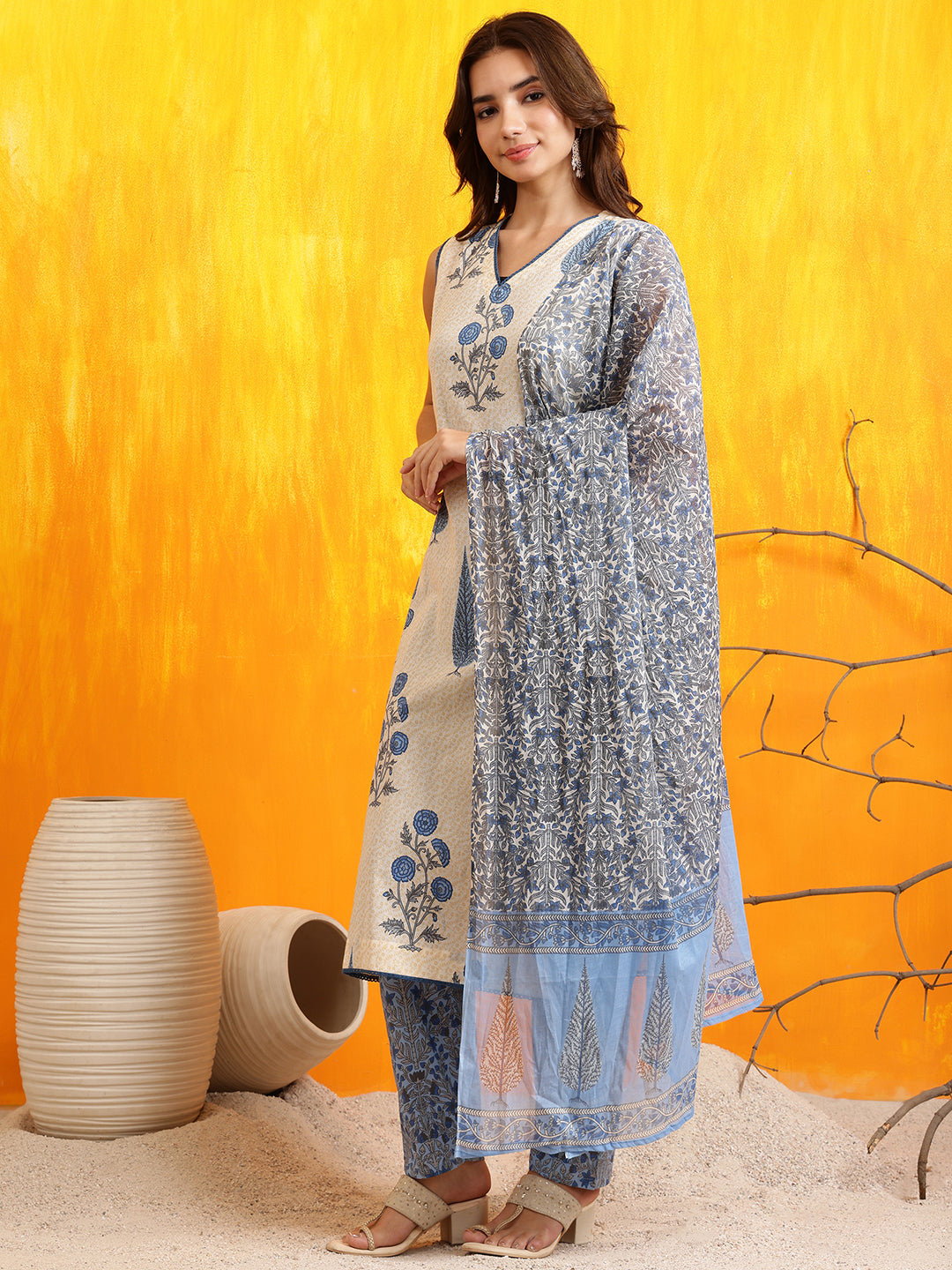 Ethnic Motifs Printed Kurta With Pant & Printed Dupatta, Aqua-Blue - Hiral Fashion - Distacart