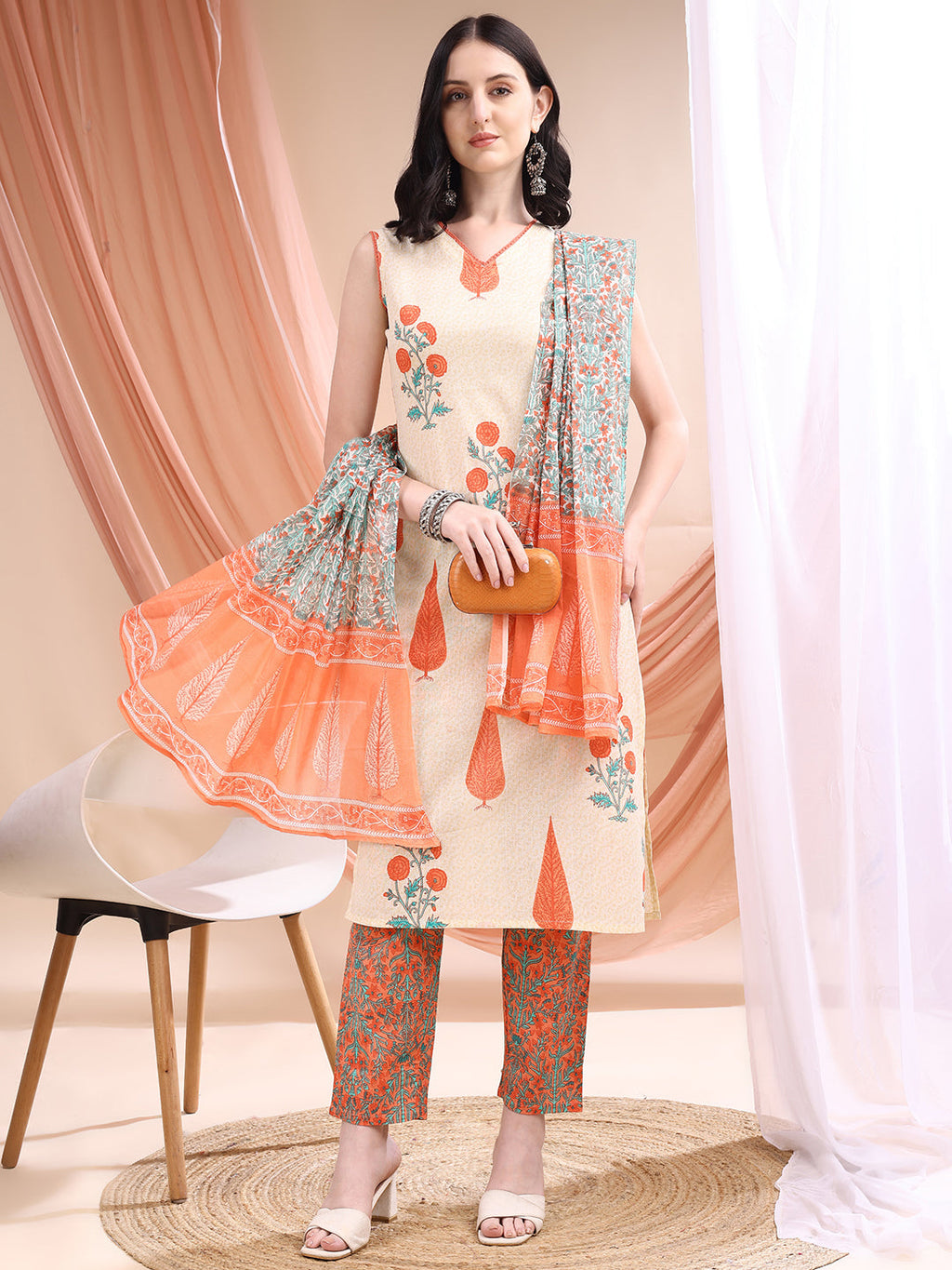 Ethnic Motifs Printed Kurta With Pant & Printed Dupatta, Orange - Hiral Fashion - Distacart