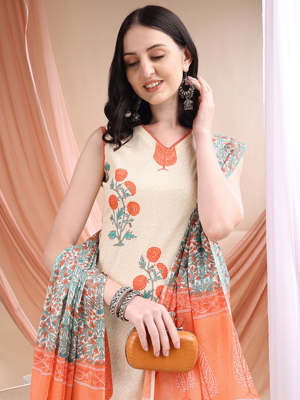 Ethnic Motifs Printed Kurta With Pant & Printed Dupatta, Orange - Hiral Fashion - Distacart