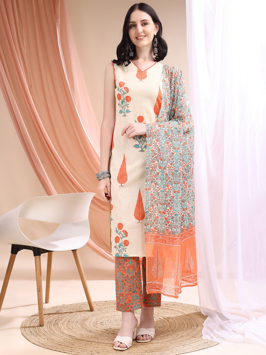 Ethnic Motifs Printed Kurta With Pant & Printed Dupatta, Orange - Hiral Fashion - Distacart