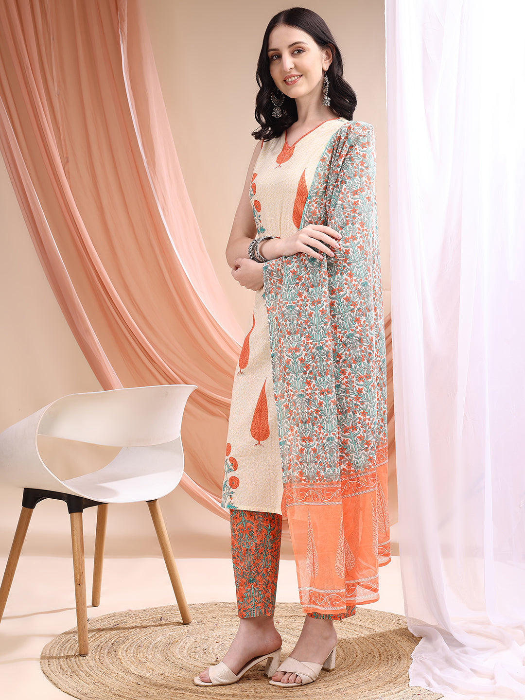 Ethnic Motifs Printed Kurta With Pant & Printed Dupatta, Orange - Hiral Fashion - Distacart