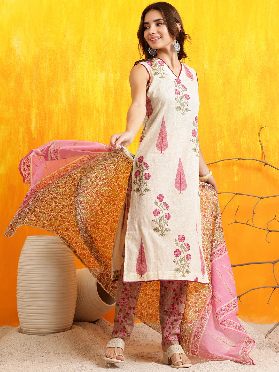 Ethnic Motifs Printed Kurta With Pant & Printed Dupatta, Pink - Hiral Fashion - Distacart