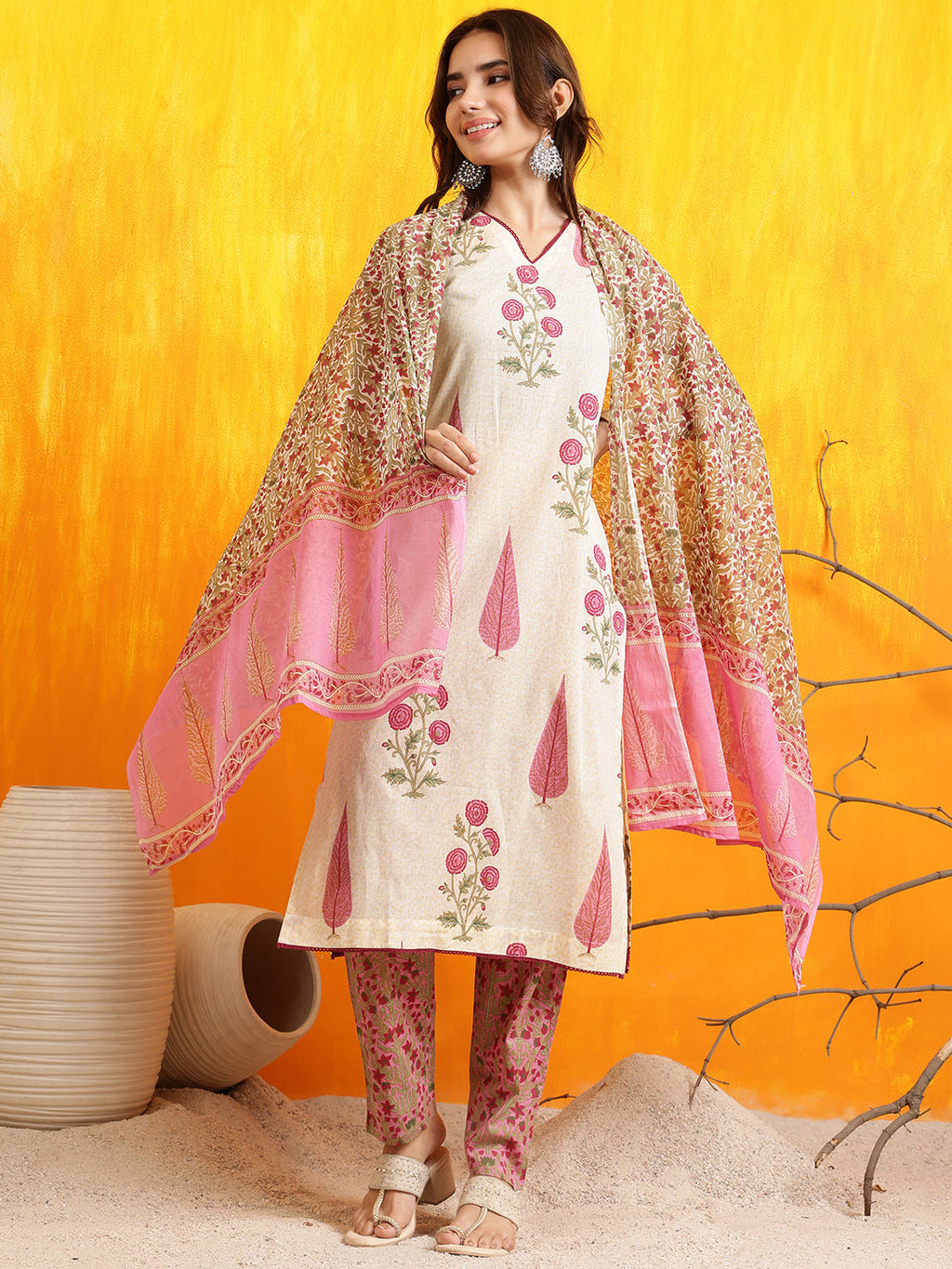 Ethnic Motifs Printed Kurta With Pant & Printed Dupatta, Pink - Hiral Fashion - Distacart