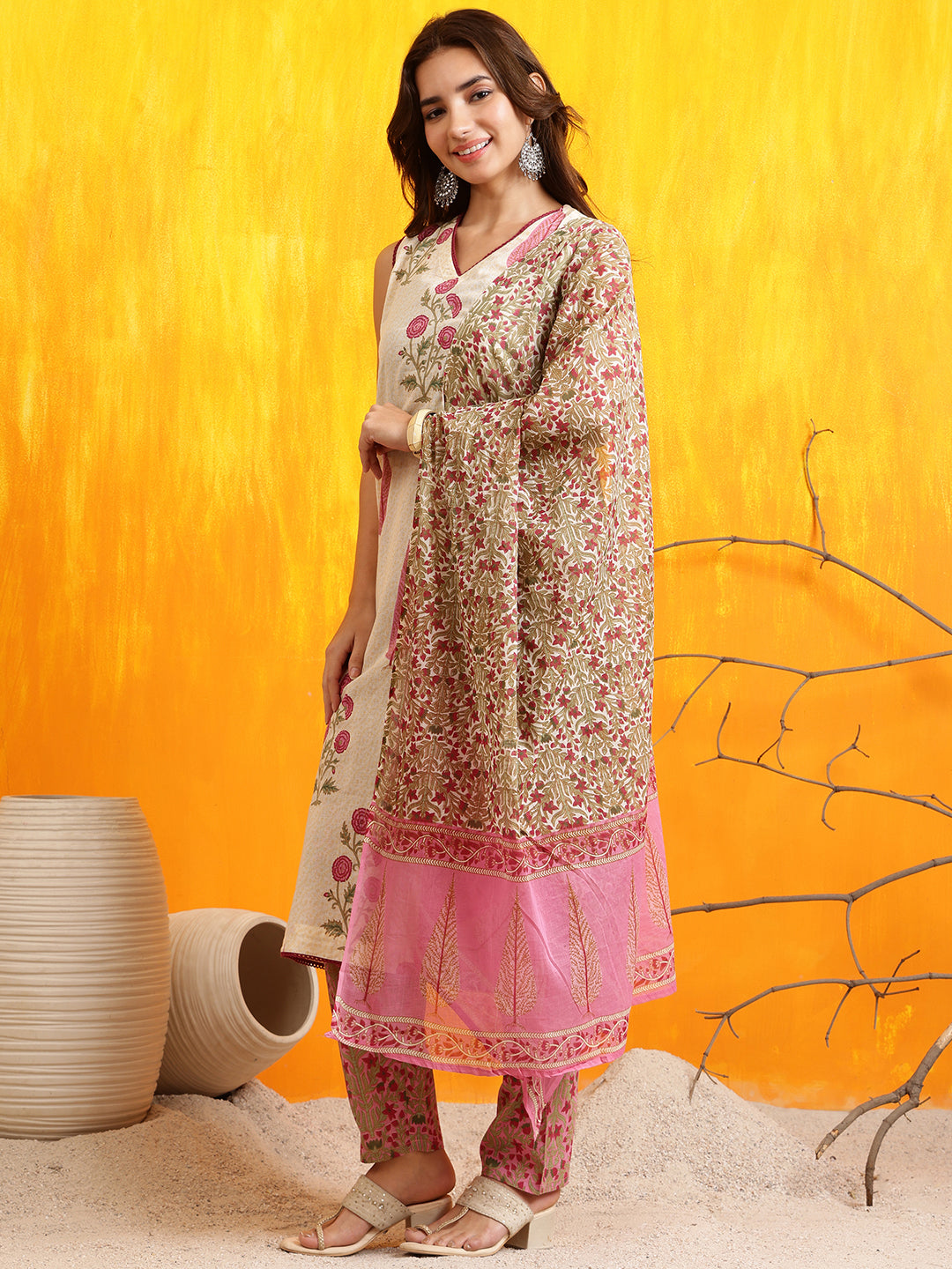 Ethnic Motifs Printed Kurta With Pant & Printed Dupatta, Pink - Hiral Fashion - Distacart