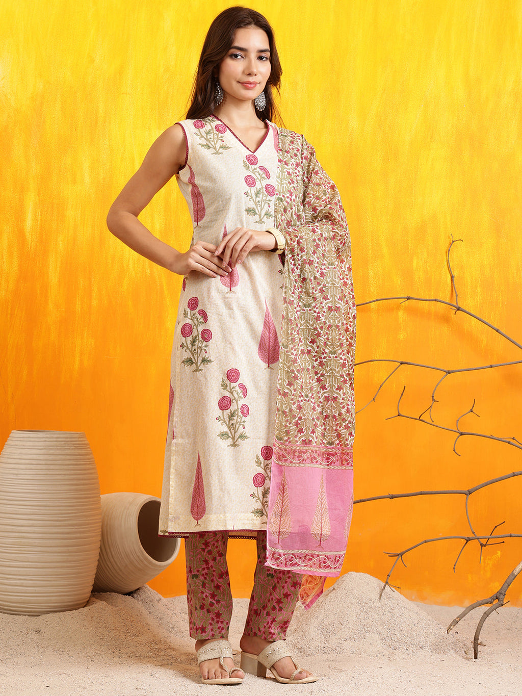 Ethnic Motifs Printed Kurta With Pant & Printed Dupatta, Pink - Hiral Fashion - Distacart