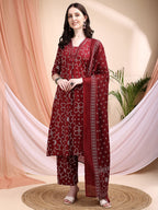 Embroidered & Bandhni A-Line Printed Kurta With Pant & Coordinated Dupatta, Maroon - Hiral Fashion - Distacart