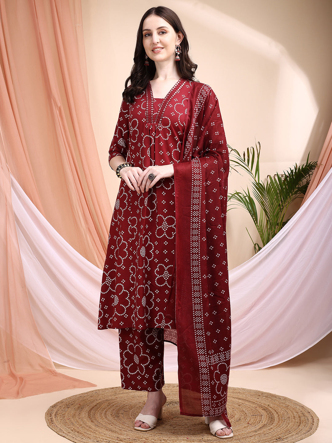 Embroidered & Bandhni A-Line Printed Kurta With Pant & Coordinated Dupatta, Maroon - Hiral Fashion - Distacart