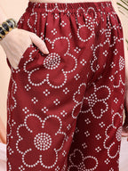 Embroidered & Bandhni A-Line Printed Kurta With Pant & Coordinated Dupatta, Maroon - Hiral Fashion - Distacart