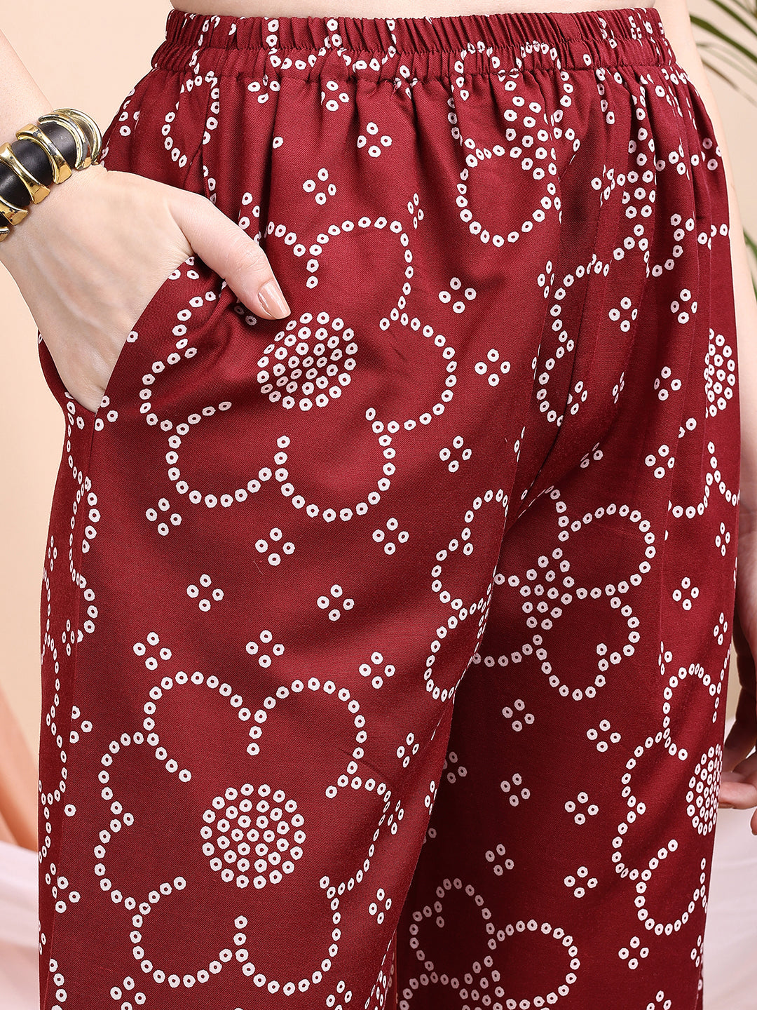 Embroidered & Bandhni A-Line Printed Kurta With Pant & Coordinated Dupatta, Maroon - Hiral Fashion - Distacart
