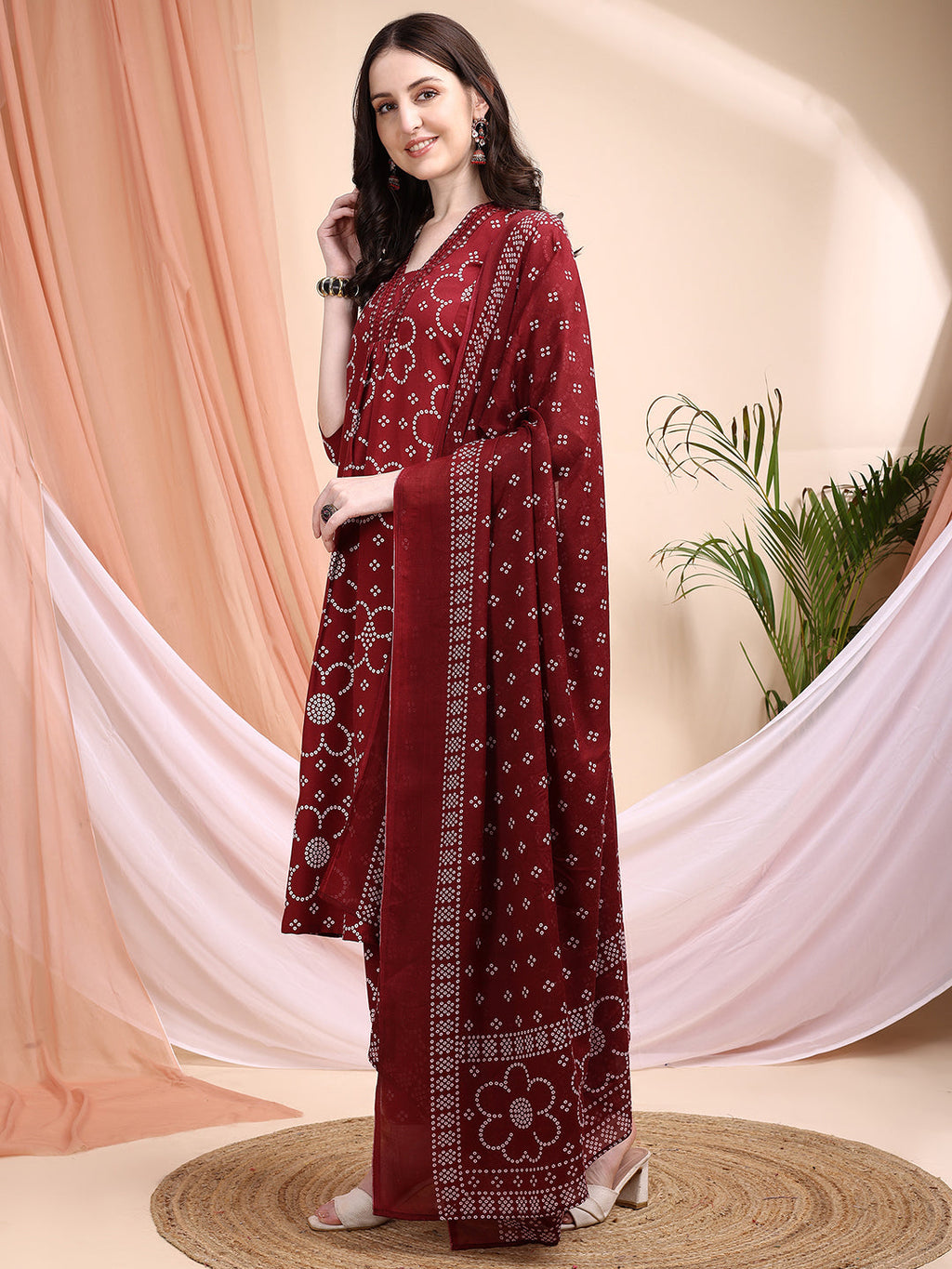Embroidered & Bandhni A-Line Printed Kurta With Pant & Coordinated Dupatta, Maroon - Hiral Fashion - Distacart